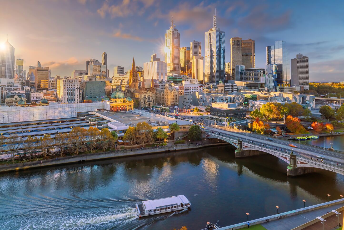 The Melbourne skyline at sunset, looking across the Yarra to Flinders Street and Princes Bridge